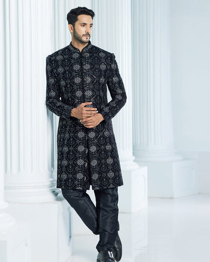 Black Velvet Computer Embroidered Indo Western Outfit