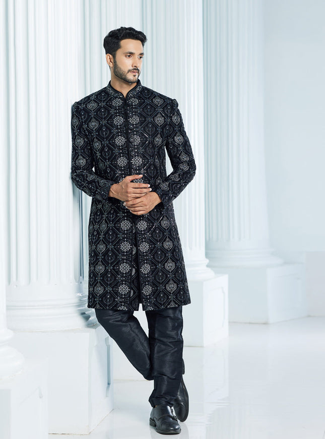 Black Velvet Computer Embroidered Indo Western Outfit