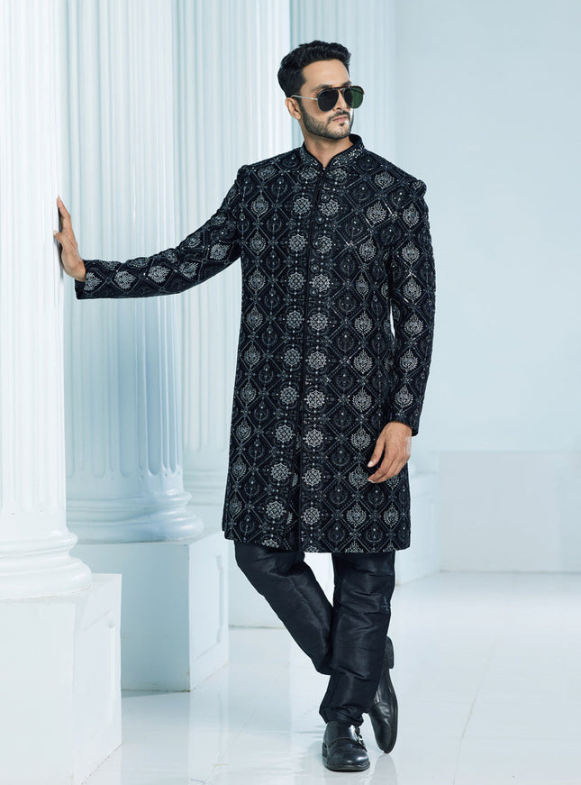 Black Velvet Computer Embroidered Indo Western Outfit