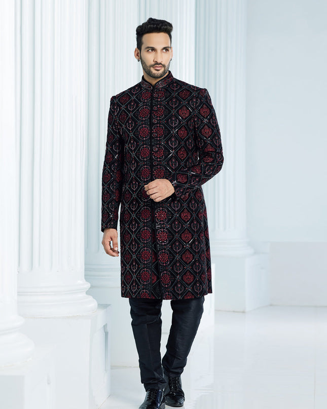 Black Velvet Computer Embroidered Indo Western Outfit