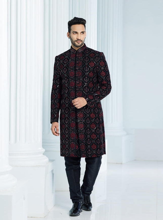 Black Velvet Computer Embroidered Indo Western Outfit