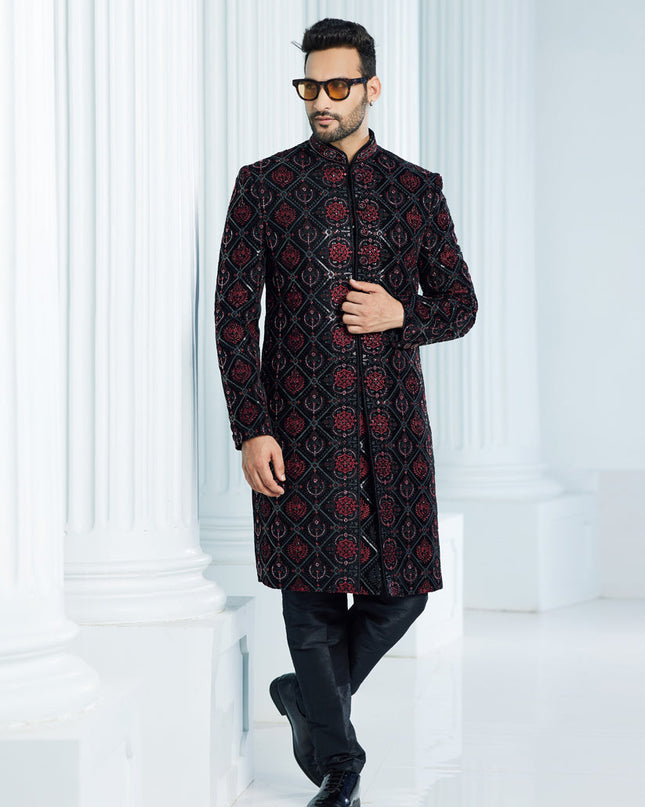 Black Velvet Computer Embroidered Indo Western Outfit