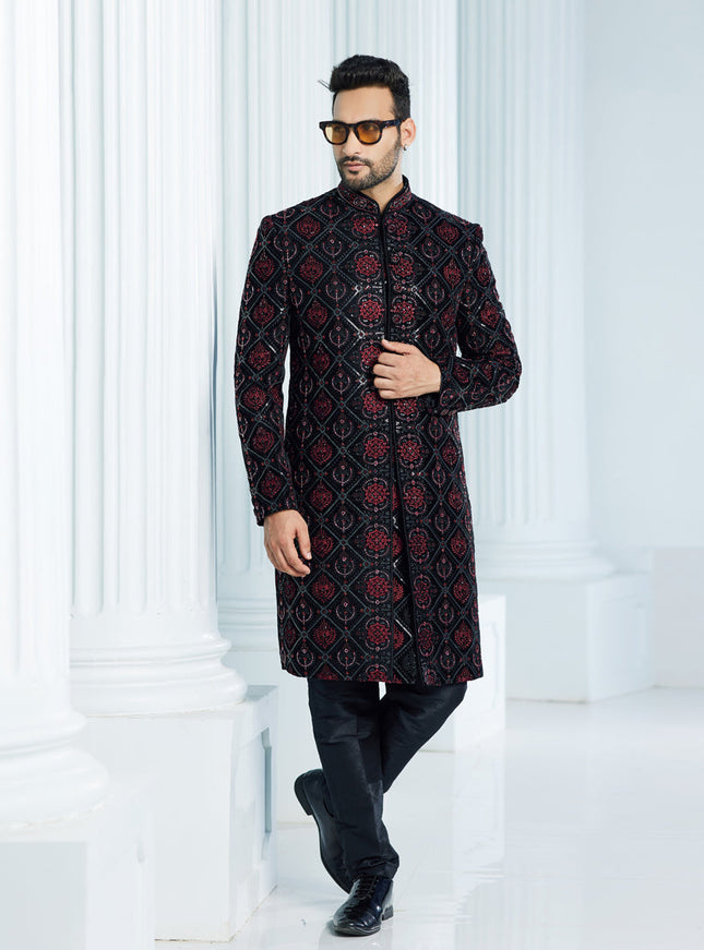 Black Velvet Computer Embroidered Indo Western Outfit