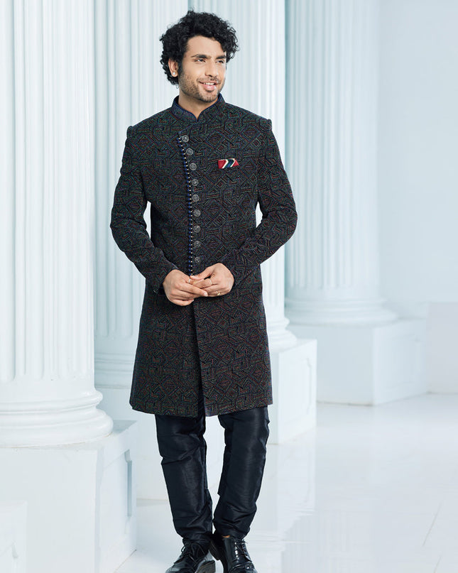 Midnight Blue Velvet Computer Embroidered Indo Western Outfit