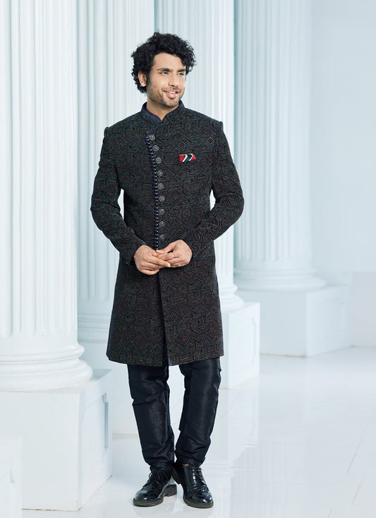 Midnight Blue Velvet Computer Embroidered Indo Western Outfit