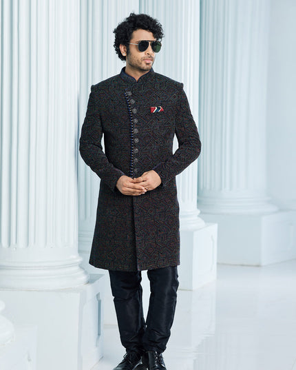 Midnight Blue Velvet Computer Embroidered Indo Western Outfit