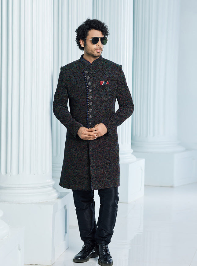 Midnight Blue Velvet Computer Embroidered Indo Western Outfit