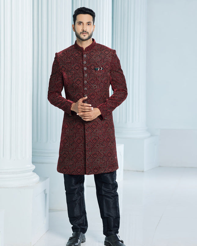 Wine Velvet Computer Embroidered Indo Western Outfit