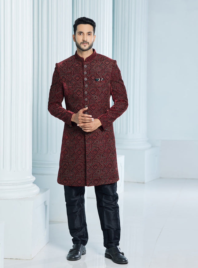 Wine Velvet Computer Embroidered Indo Western Outfit