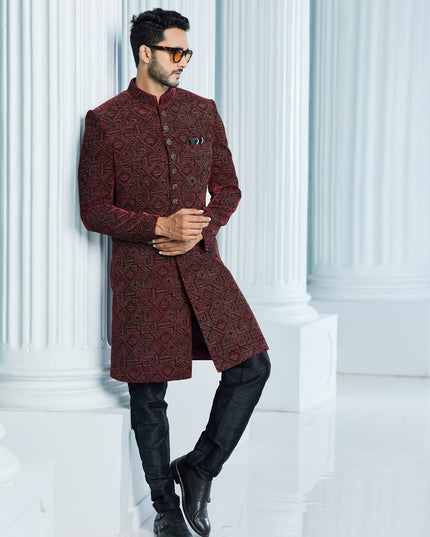 Wine Velvet Computer Embroidered Indo Western Outfit