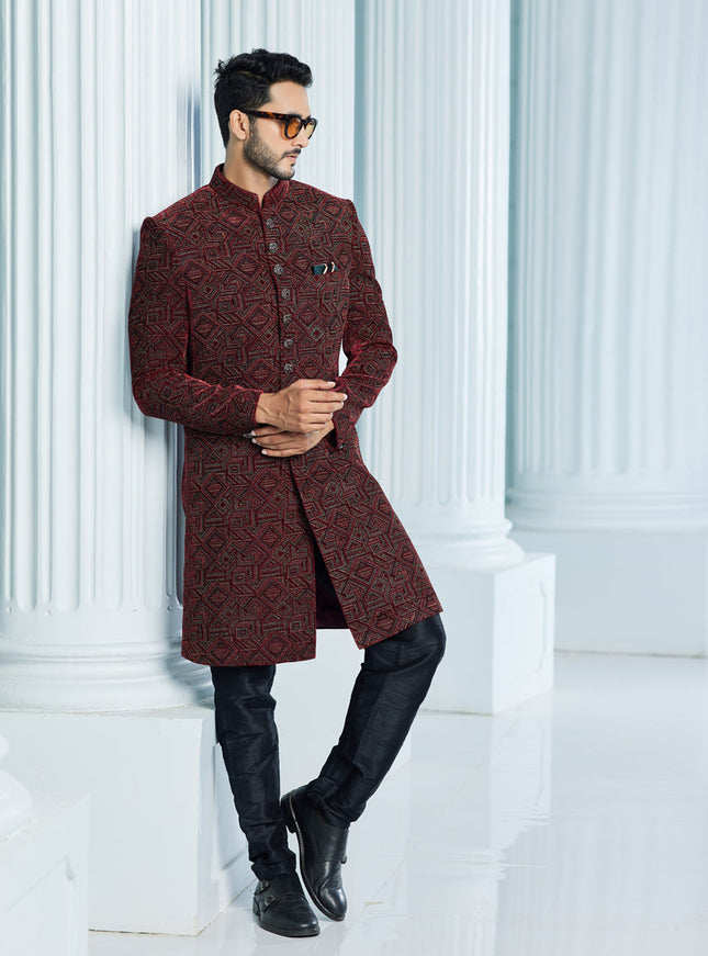 Wine Velvet Computer Embroidered Indo Western Outfit
