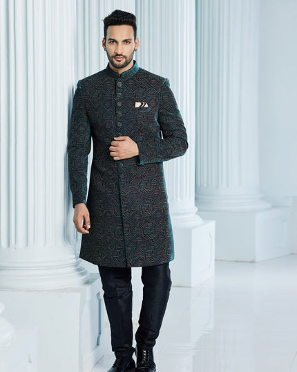 Teal Green Velvet Computer Embroidered Indo Western Outfit