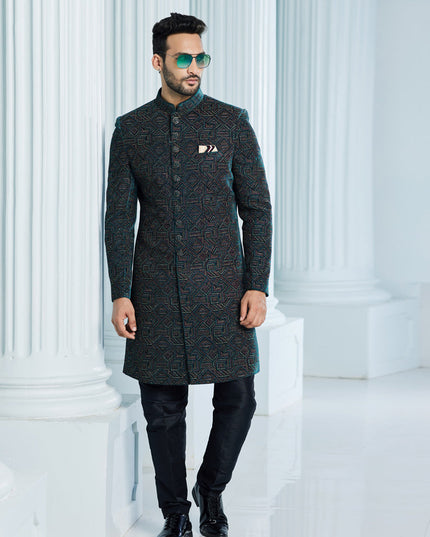 Teal Green Velvet Computer Embroidered Indo Western Outfit