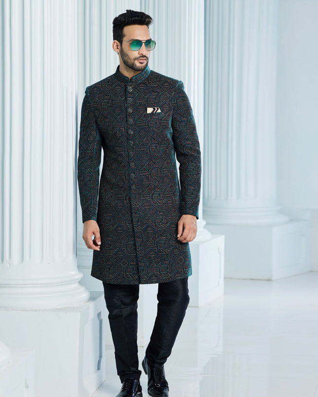 Teal Green Velvet Computer Embroidered Indo Western Outfit