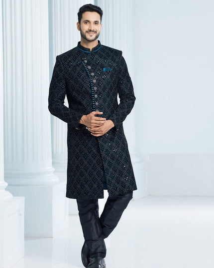 Teal Green Velvet Computer Embroidered Indo Western Outfit