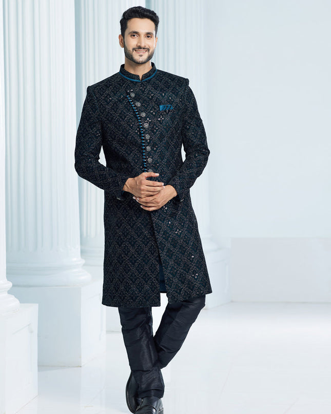 Teal Green Velvet Computer Embroidered Indo Western Outfit