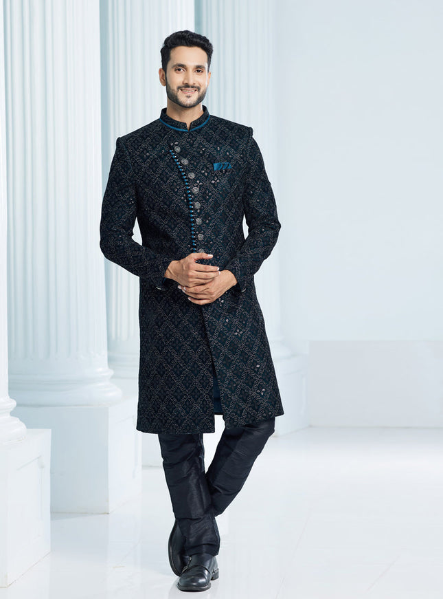 Teal Green Velvet Computer Embroidered Indo Western Outfit