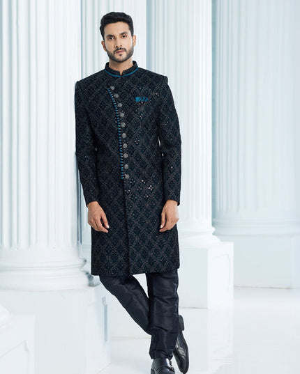 Teal Green Velvet Computer Embroidered Indo Western Outfit