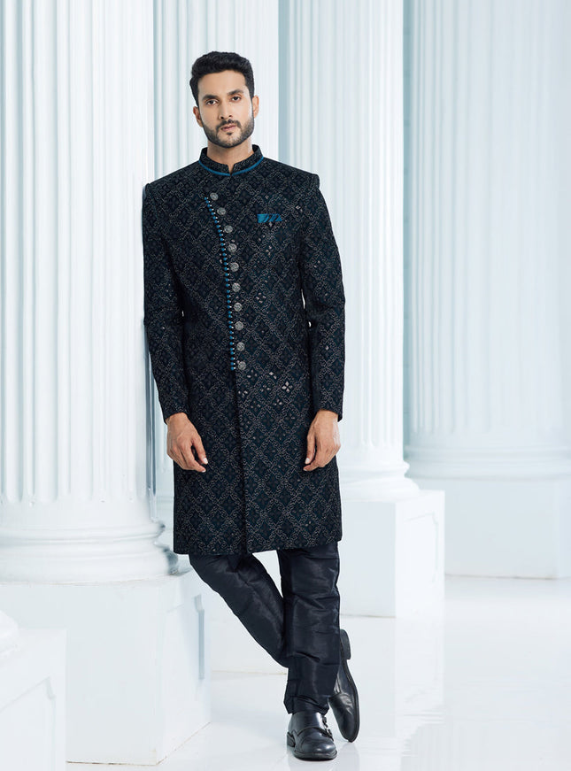 Teal Green Velvet Computer Embroidered Indo Western Outfit