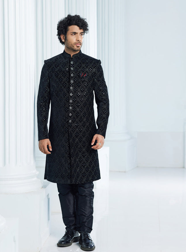 Black Velvet Computer Embroidered Indo Western Outfit