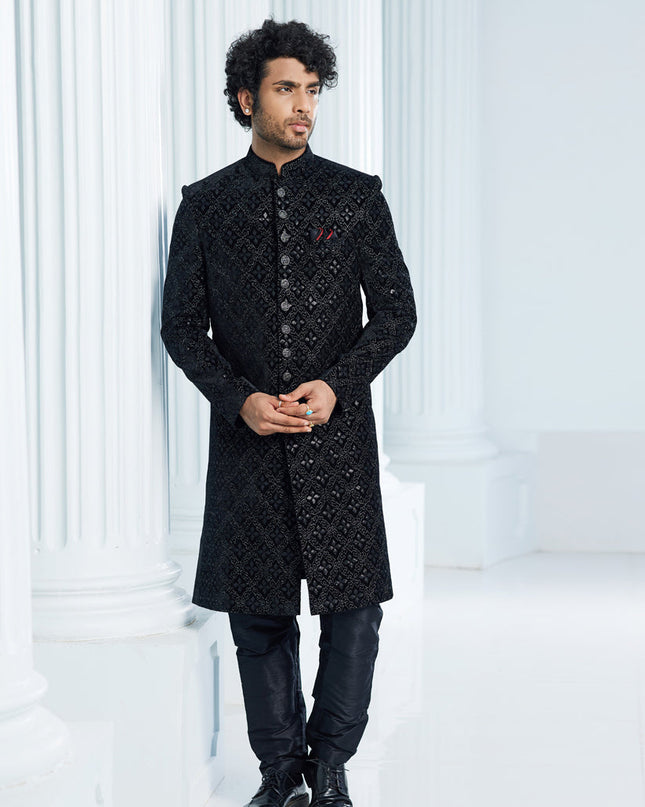 Black Velvet Computer Embroidered Indo Western Outfit