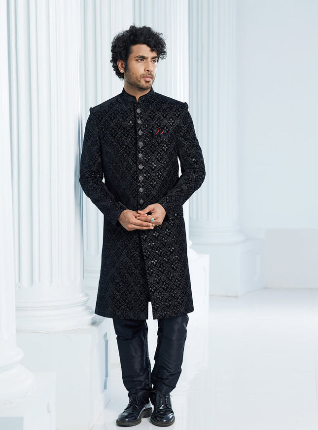 Black Velvet Computer Embroidered Indo Western Outfit