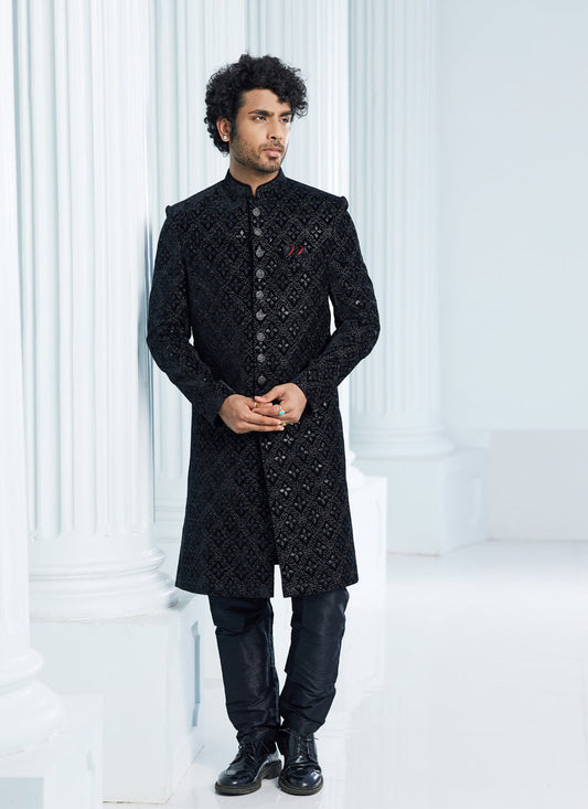 Black Velvet Computer Embroidered Indo Western Outfit