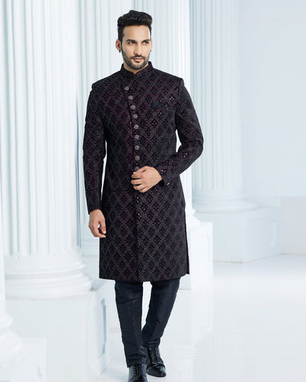 Wine Velvet Computer Embroidered Indo Western Outfit