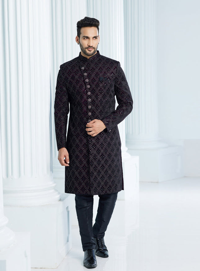 Wine Velvet Computer Embroidered Indo Western Outfit