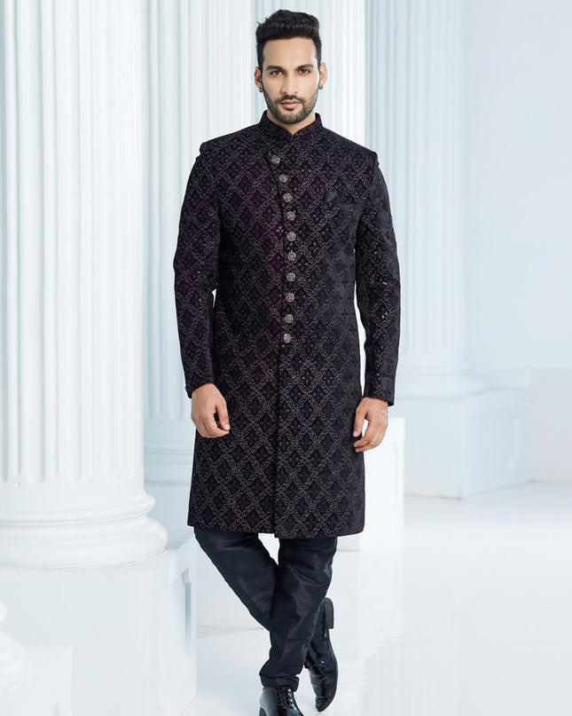 Wine Velvet Computer Embroidered Indo Western Outfit