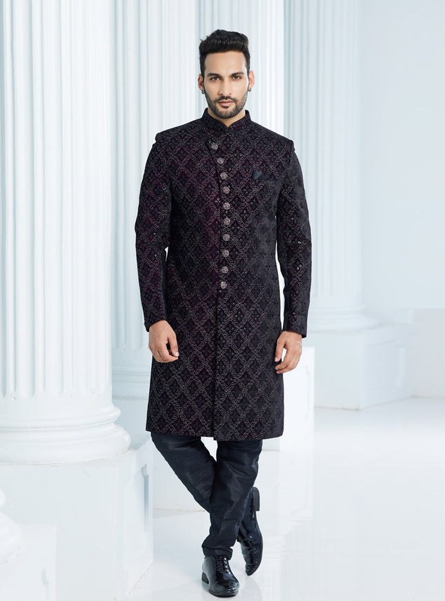 Wine Velvet Computer Embroidered Indo Western Outfit