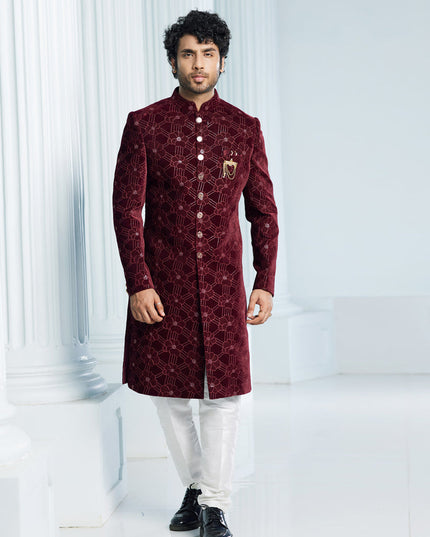 Wine Velvet Computer Embroidered Indo Western Outfit