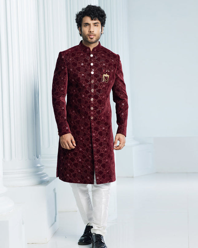 Wine Velvet Computer Embroidered Indo Western Outfit