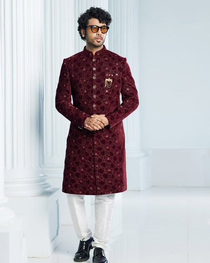 Wine Velvet Computer Embroidered Indo Western Outfit