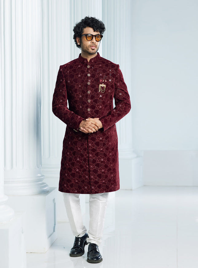 Wine Velvet Computer Embroidered Indo Western Outfit
