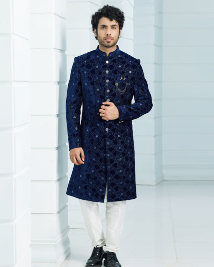 Navy Blue Velvet Computer Embroidered Indo Western Outfit