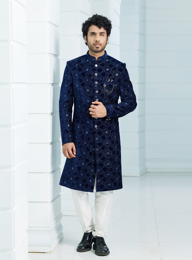 Navy Blue Velvet Computer Embroidered Indo Western Outfit