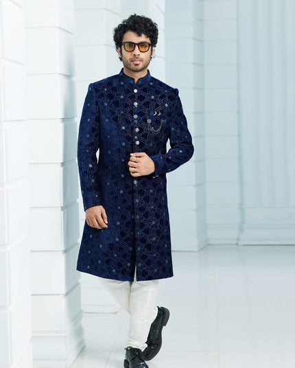 Navy Blue Velvet Computer Embroidered Indo Western Outfit