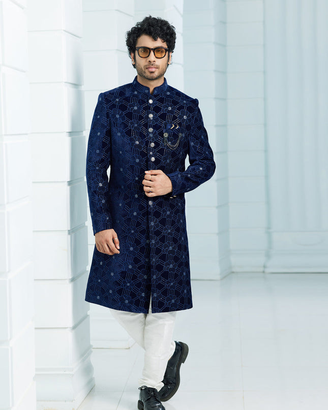 Navy Blue Velvet Computer Embroidered Indo Western Outfit