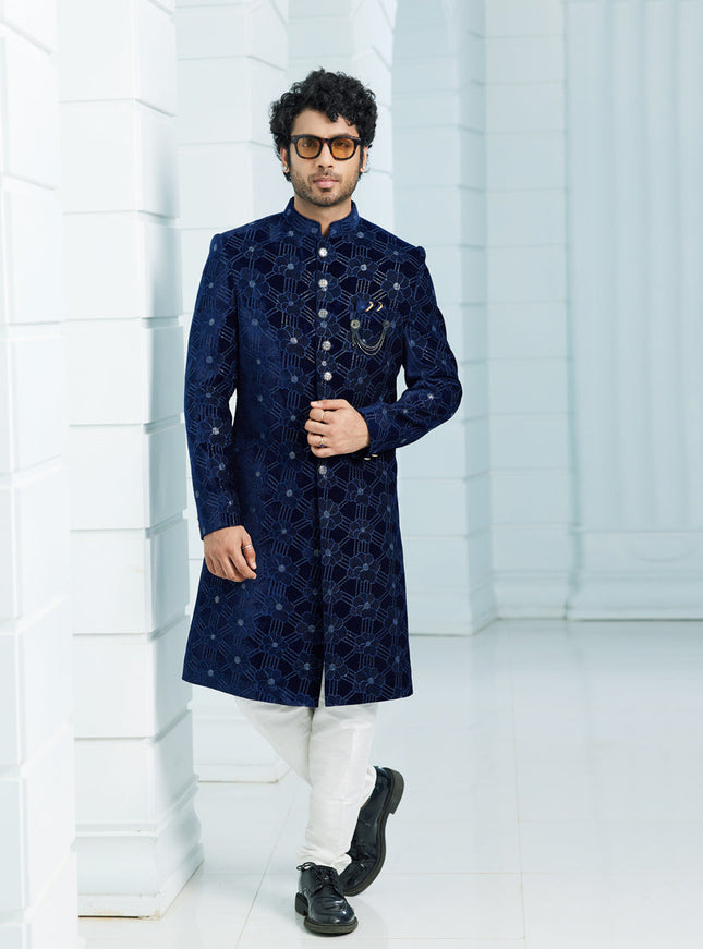 Navy Blue Velvet Computer Embroidered Indo Western Outfit