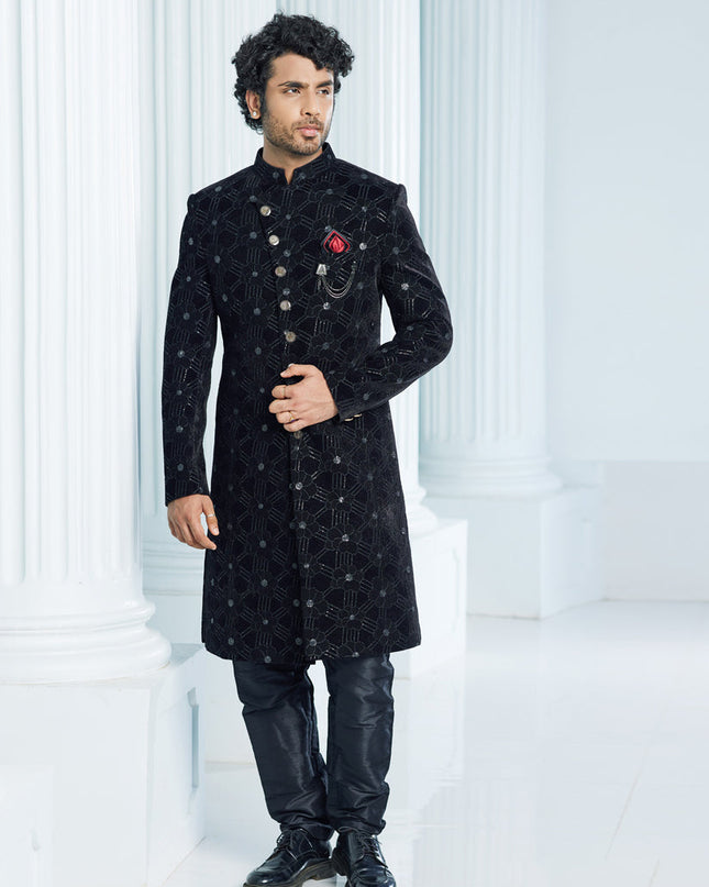 Black Velvet Computer Embroidered Indo Western Outfit