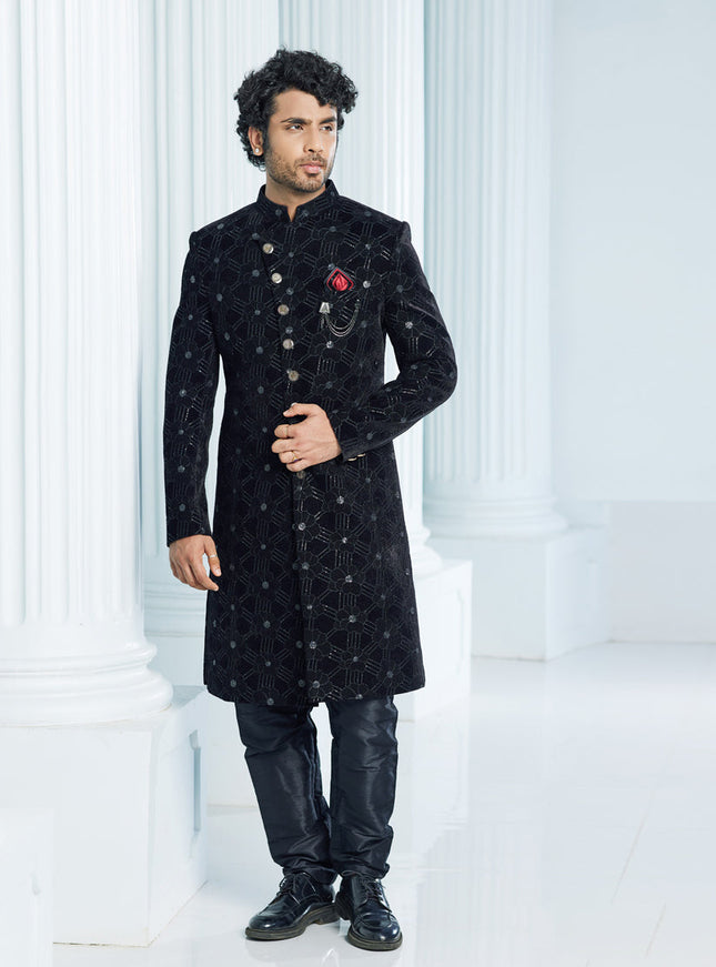 Black Velvet Computer Embroidered Indo Western Outfit