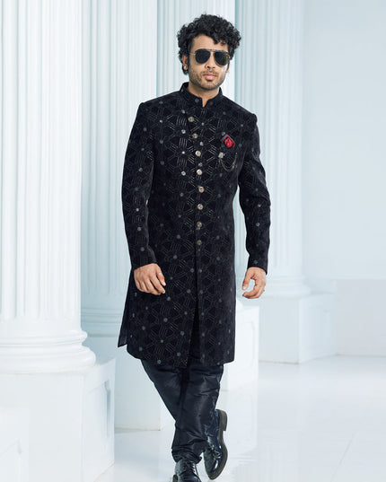 Black Velvet Computer Embroidered Indo Western Outfit