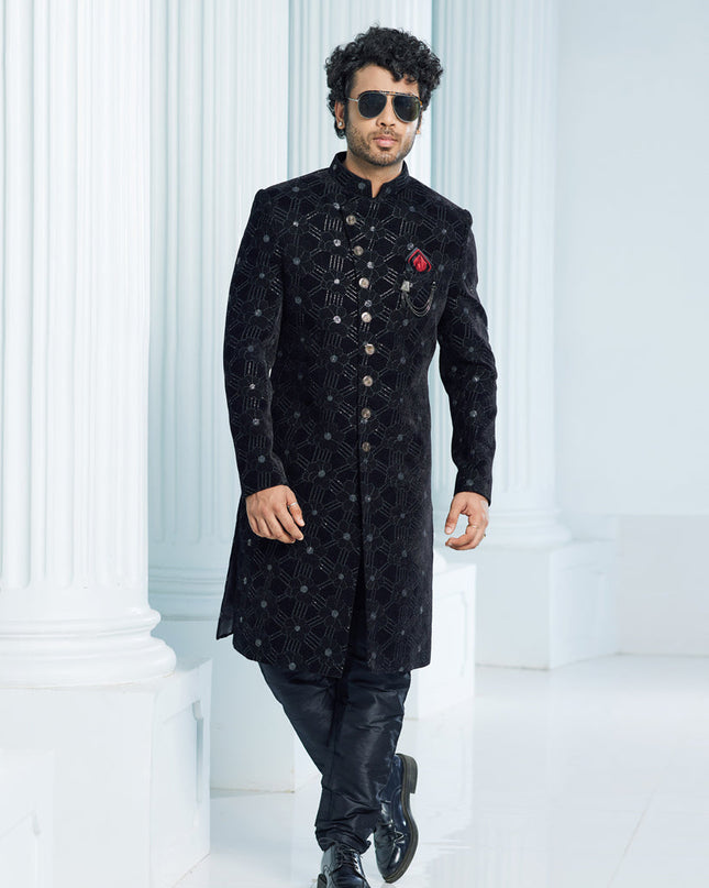 Black Velvet Computer Embroidered Indo Western Outfit