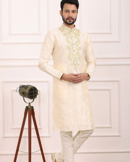 Cream Banarasi Silk Thread Work Kurta Set