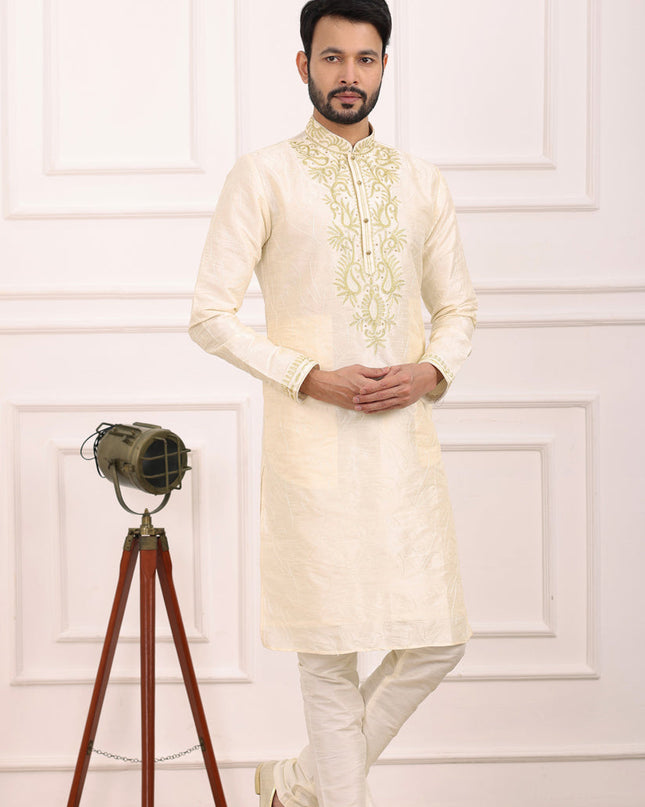 Cream Banarasi Silk Thread Work Kurta Set
