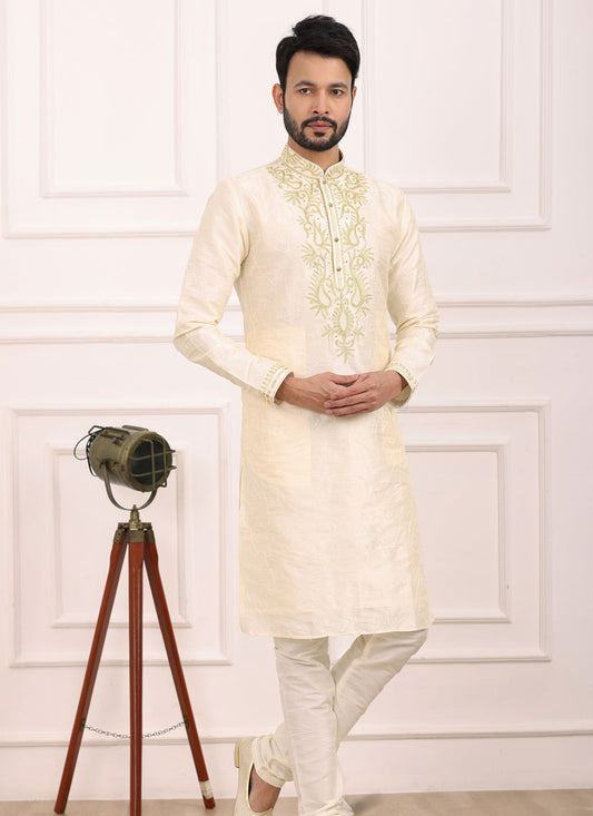 Cream Banarasi Silk Thread Work Kurta Set