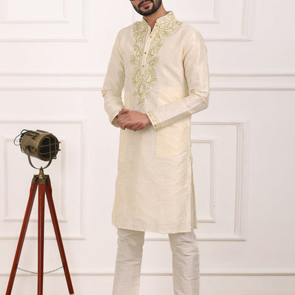 Cream Banarasi Silk Thread Work Kurta Set