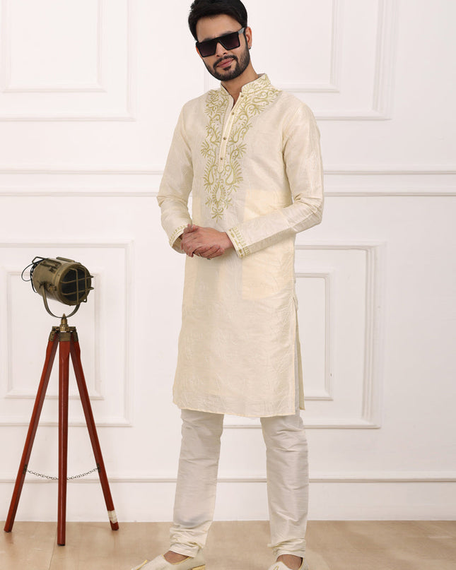 Cream Banarasi Silk Thread Work Kurta Set
