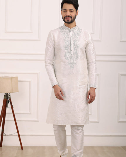 Off White Banarasi Silk Thread Work Kurta Set